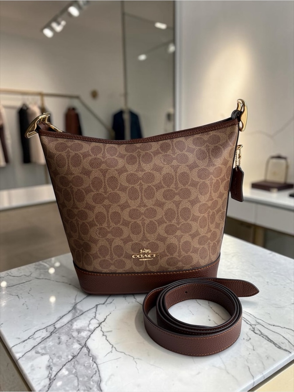 Coach Jude Duffle Bag Brown Signature Canvas Bucket Bag with Leather Trim - Picture 16 of 16